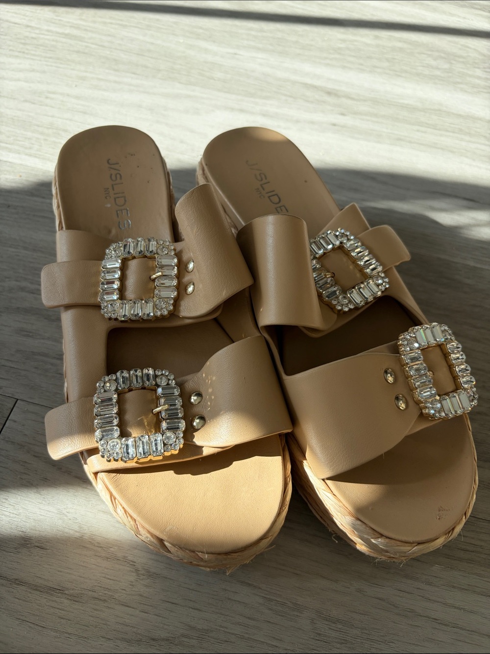 J/SLIDES Beige Tan Slide Sandals with Crystal Buckles